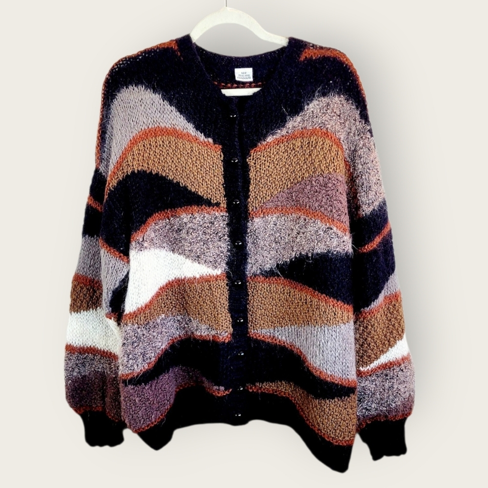 VINTAGE New Zealand Mixed Knit Mohair Geometric Oversized Cardigan Sweater - Picture 2 of 8